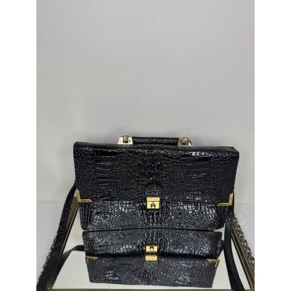 Vintage Mido Korea Black Patent Leather Embossed Croc Texture Top Handle Shoulde - Picture 4 of 10